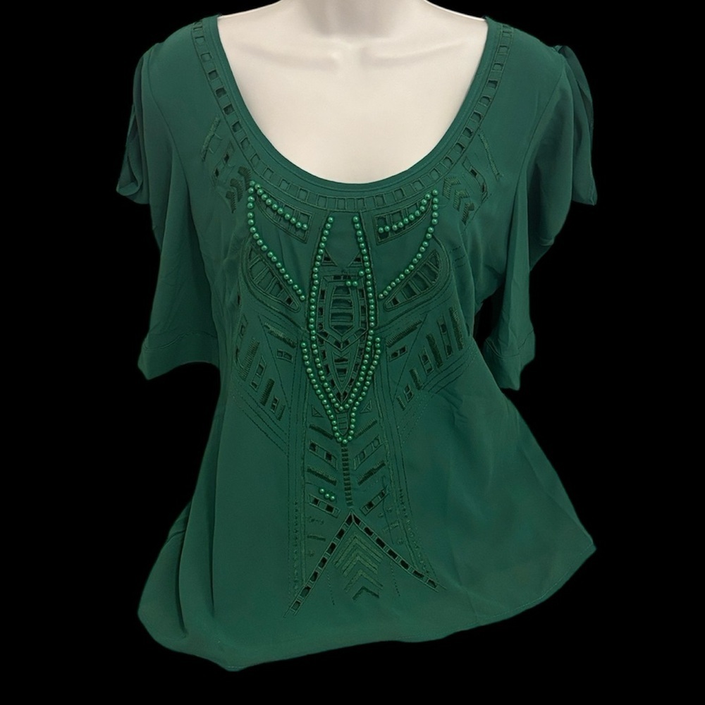 Forgotten Grace embroidered  green chiffon beaded blouse Sz Large